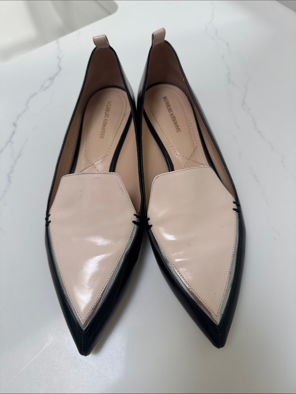 Nicholas Kirkwood Black and Nude Pointed Leather Loafers